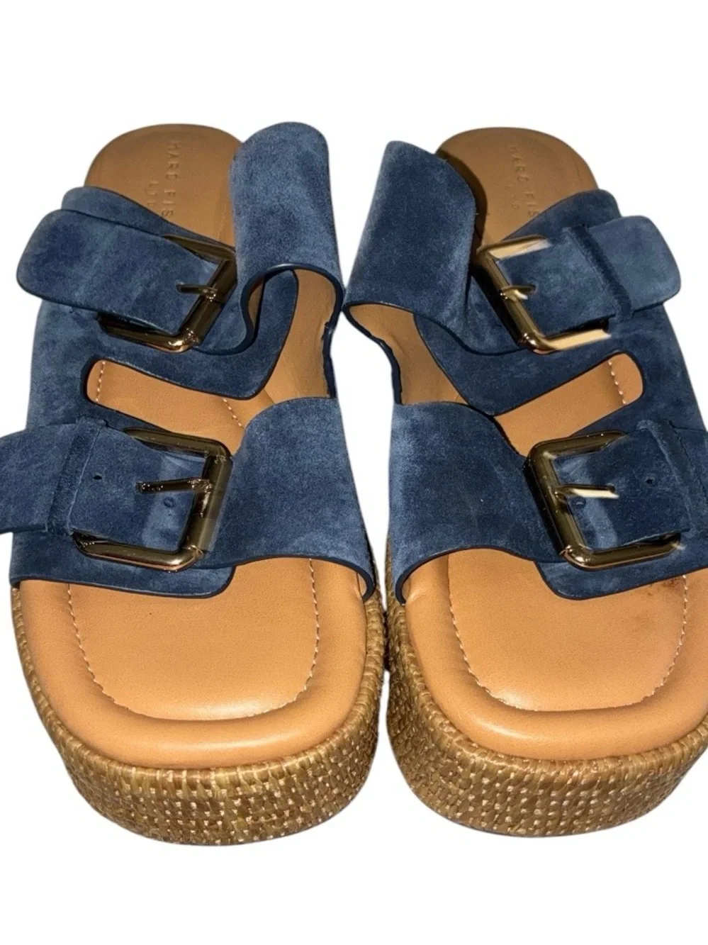 Like New Marc Fisher Navy Suede Wedge Slide Sandals with Buckles Sz 8.5 M